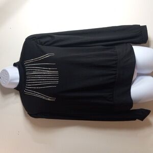 Dark Romantic Black pullover blouse with w/ clear crystal neckline fringe. Large